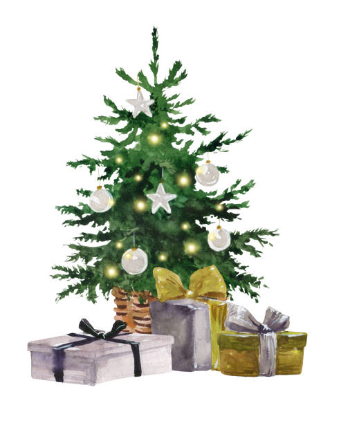 istock Adorable hand drawn watercolor illustration of lightning decorated beautiful Christmas tree, gift boxes with golden packaging isolated on white background. For holiday card, poster, party invitation. 1347041728