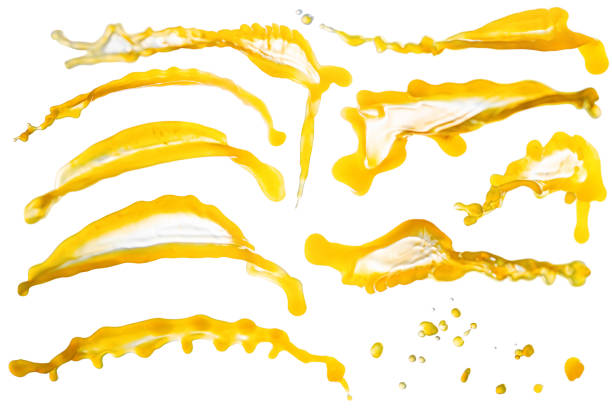 istock Collection of different orange juice splashes isolated on white background. 1347042729