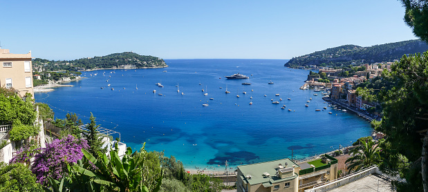 Extra wide Aerial view of the beautiful beaches and the fantastic sea of Villefranche-sur-Mer