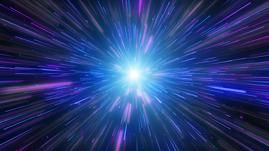 Explosión de rastro de luz de neón azul azul brillante, efecto de haz de bengala de luz. photo