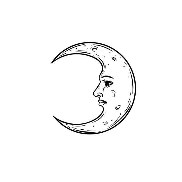 The Crescent Moon with face. Mystical heaven hand drawn illustration. Sketch style. Astrology and witchcraft symbol. Engrave vintage stylized. Vector drawing. The Crescent Moon with face. Mystical heaven hand drawn illustration. Sketch style. Astrology and witchcraft symbol. Engrave vintage stylized. Vector drawing. crescent moon stock illustrations