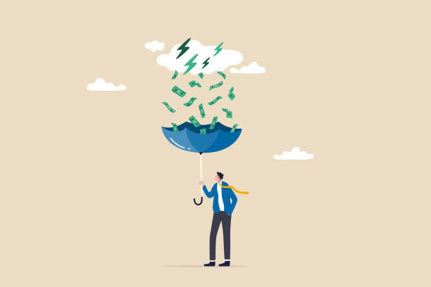 Make money idea, passive income or profit and dividends from stock market investment, financial success concept, rich businessman using umbrella to collect falling money from investment thunderstorm. Make money idea, passive income or profit and dividends from stock market investment, financial success concept, rich businessman using umbrella to collect falling money from investment thunderstorm. money rain stock illustrations