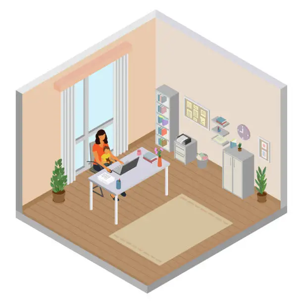 Vector illustration of Women working at home using computer with baby in her arms