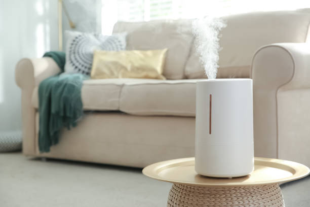 modern air humidifier on table in living room. space for text - contemporary indoors lifestyles domestic room imagens e fotografias de stock