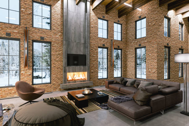 luxury living room with fireplace in chalet - stone contemporary house luxury imagens e fotografias de stock