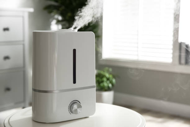istock Modern air humidifier on table indoors. Space for text 1347050816