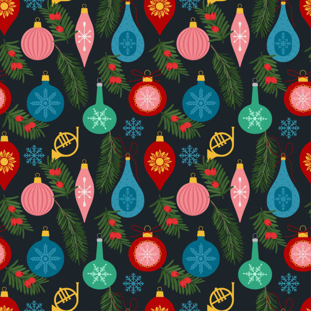 ilustraciones, imágenes clip art, dibujos animados e iconos de stock de patrón perfecto de navidad y feliz año nuevo con juguetes y ramas navideñas. estilo retro de moda. ilustración vectorial plana - pattern christmas paper seamless christmas