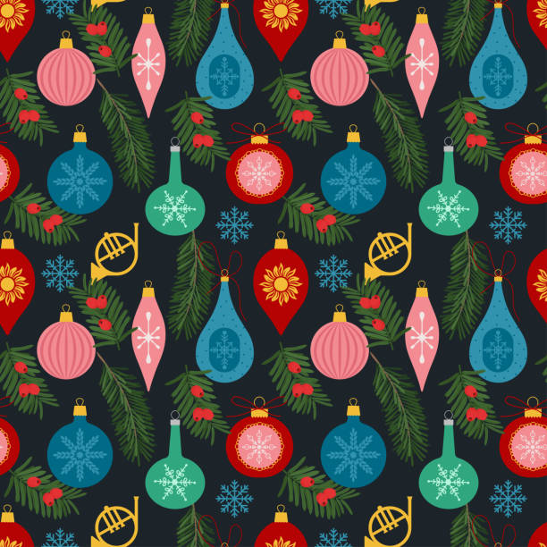 크리스마스 장난감과 가지와 크리스마스와 새해 새해 원활한 패턴. 트렌디 한 복고풍 스타일. 플랫 벡터 일러스트레이션 - pattern christmas paper seamless christmas stock illustrations