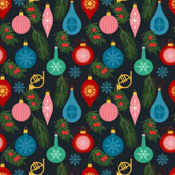 Vector illustration of Christmas and Happy New Year seamless pattern with Christmas toys and branches. Trendy retro style. Flat Vector illustration