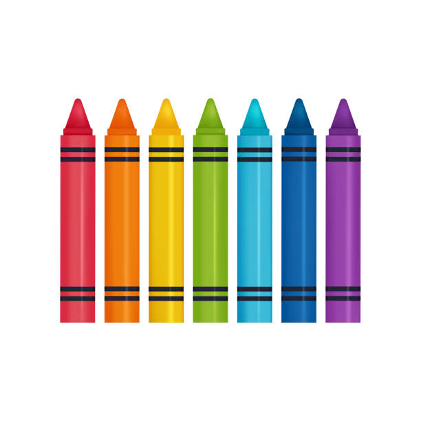 bildbanksillustrationer, clip art samt tecknat material och ikoner med set of crayons contains seven rainbow colors. vector isolated illustration - färgpenna