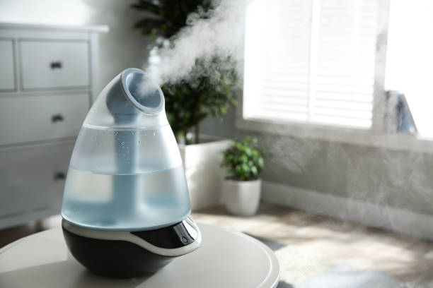 istock Modern air humidifier on table indoors. Space for text 1347052049