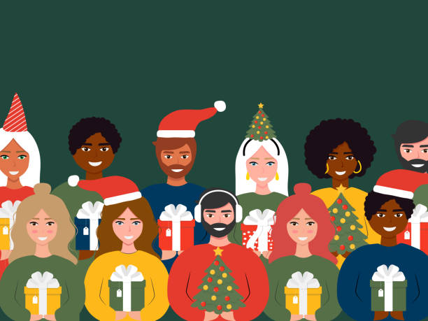 Diverse people standing together with gift boxes vector illustration. Cartoon characters. Christmas postcard diverse family christmas stock illustrations