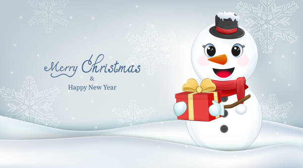 istock Cute snowman and gift box in winter, Christmas season illustration. 1347053138