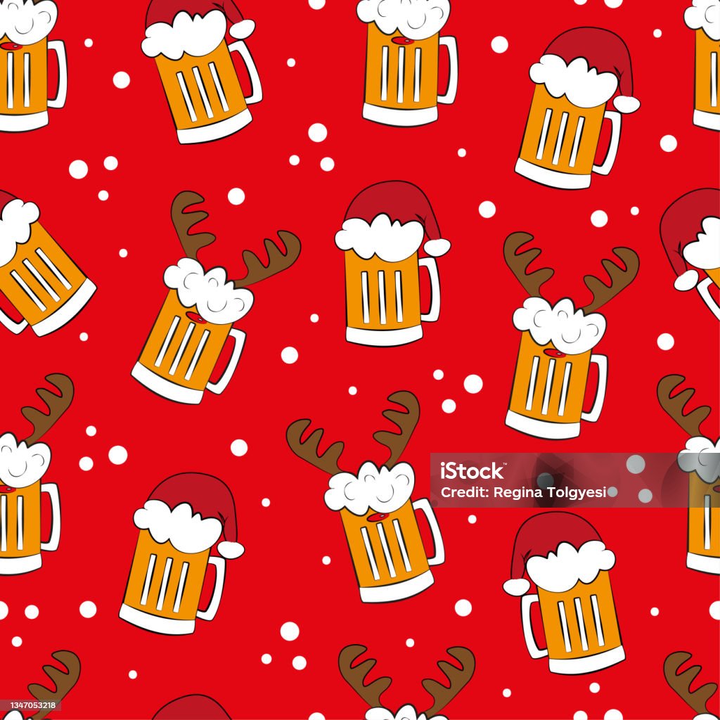Drôles De Tasses À Bière En Chapeau De Père Noël Et Bois De Cerf Sur Fond  Rouge Motif Sans Couture Pour Noël Vecteurs libres de droits et plus  d'images vectorielles de Bière 