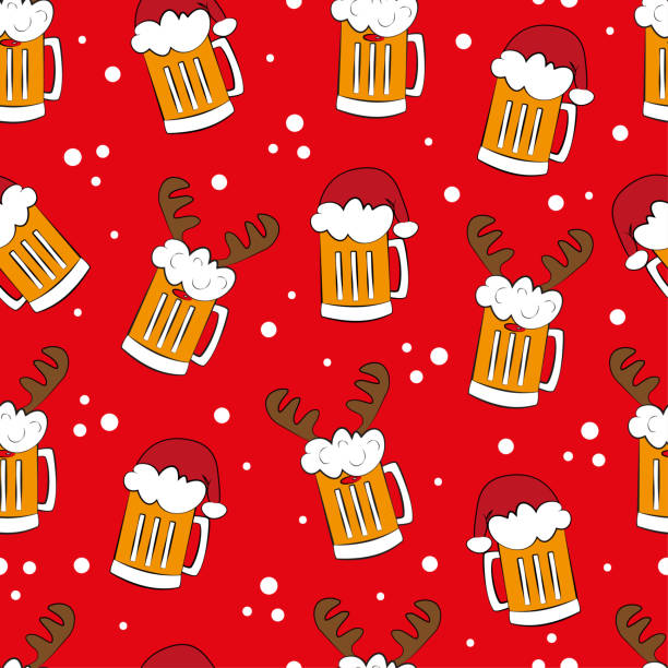 Funny beer mugs in Santa hat and deer antler, on red background. Seamless pattern for Christmas. Funny beer mugs in Santa hat and deer antler, on red background. Seamless pattern for Christmas.
Good for textile prind, wrapping paper, and other decoration. background of a cheers beer mugs stock illustrations