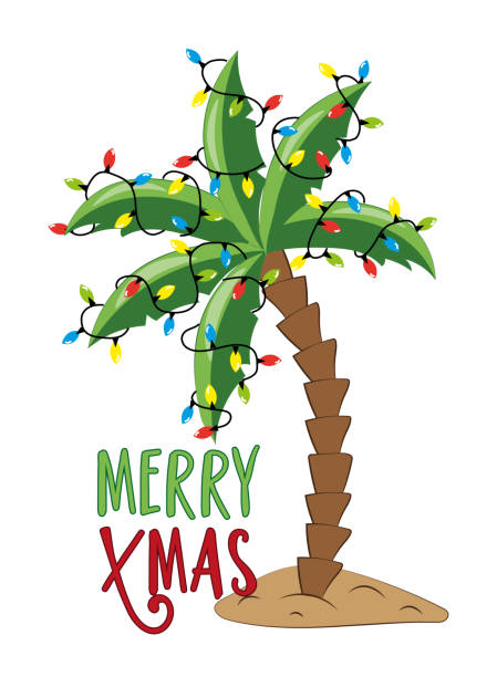 illustrazioni stock, clip art, cartoni animati e icone di tendenza di buon natale - palma decorata con ghirlanda di luci natalizie, isolata su sfondo bianco. - christmas palm tree island christmas lights