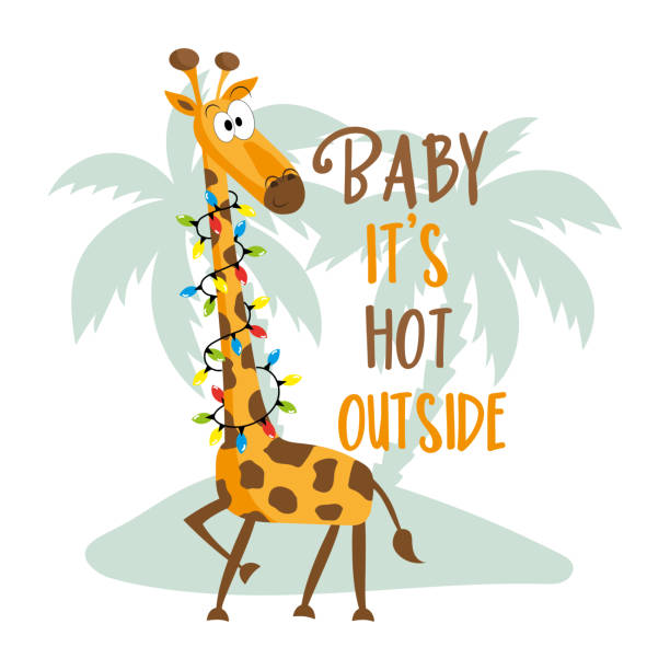 illustrazioni stock, clip art, cartoni animati e icone di tendenza di baby fa caldo fuori - slogan divertente con simpatica giraffa nelle luci di natale sull'isola. - christmas palm tree island christmas lights