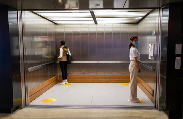 standing in marked areas, for social distancing, in the lift