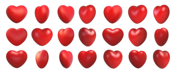 ilustraciones, imágenes clip art, dibujos animados e iconos de stock de símbolo de amor del día de san valentín, rotación de corazones en 3d. emoji romántico realista, icono de corazón rojo frente y vista de ángulo de giro. conjunto vectorial de decoración de bodas - tridimensional