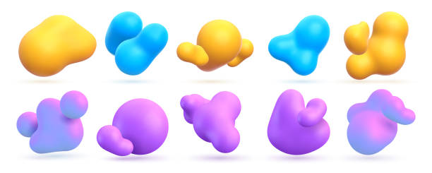 абстрактные жидкие 3d фигуры, плавающие капли краски с градиентом. реалистичные яркие молекулярные или жидкие элементы. векторный набор орг - blob stock illustrations
