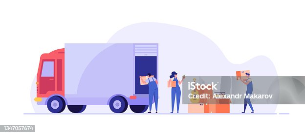 istock Moving service in new house or apartment. Delivery truck with cardboard boxes for home stuff. Movers moving in new home. We’re moving concept. Vector illustration for Web Design 1347057674