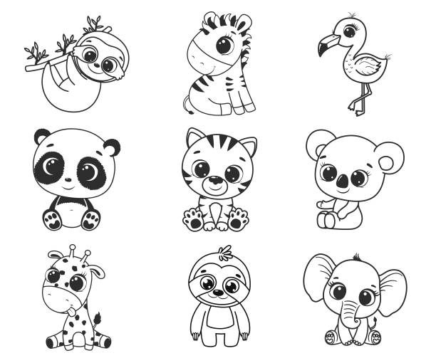 eine sammlung von niedlichen cartoon exotischen tieren. schwarz-weiß-vektorillustration für ein malbuch. konturzeichnung. - babytiger stock-grafiken, -clipart, -cartoons und -symbole