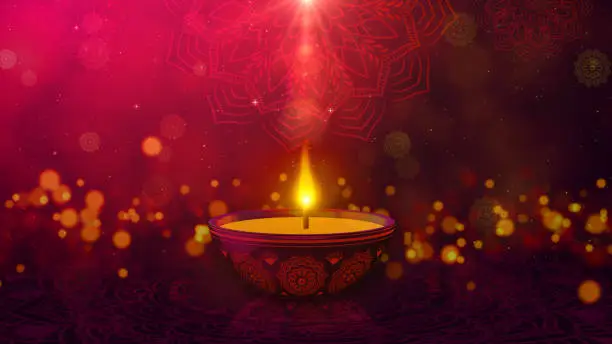 Photo of Happy Diwali Indian Holiday Events on a Religious Festival Diwali. Oil Lamp Animation with Bokeh Abstract Background. 3d rendering