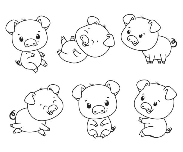 ilustrações de stock, clip art, desenhos animados e ícones de a collection of cute cartoon piglets. black and white vector illustration for a coloring book. contour drawing. - domestic pig