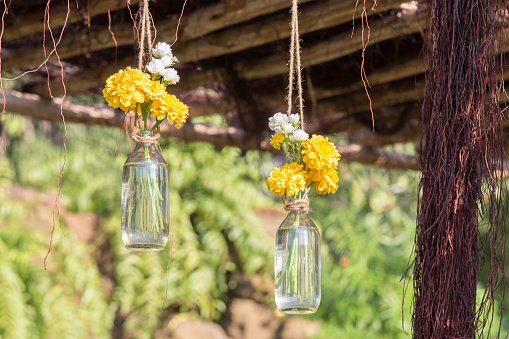 Bottle Yellow plastic flowers decorated in a bottle, focus on left bottle,