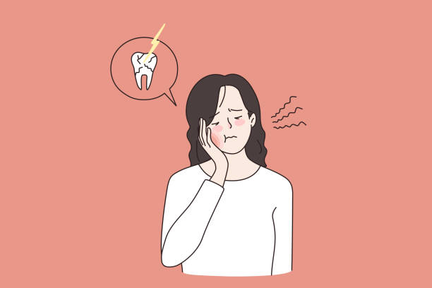 Unhealthy woman suffer from toothache Unhappy young woman suffer from toothache need urgent dental treatment. Unhealthy unwell girl struggle with caries or gum disease. Dentistry, oral care concept. Flat vector illustration. toothache stock illustrations