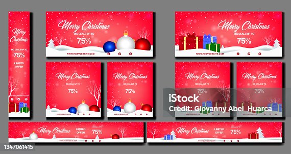 istock Merry Christmas and Happy New Year. set of christmas background illustrations red banner with gifts. 1347061415