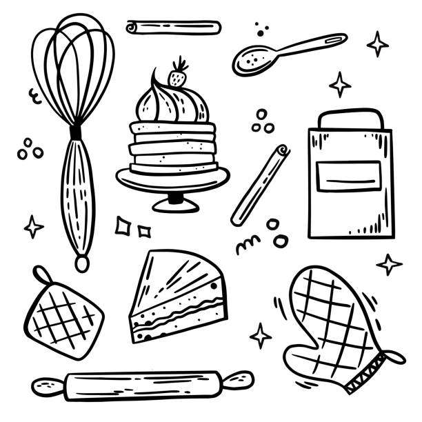 gebäckkonditorei vektor doodle set mit küchenutensilien, fäustlinge, nudelholz, mehlbehälter. - kronblatt stock-grafiken, -clipart, -cartoons und -symbole