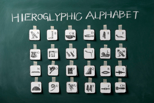 Hieroglyphs Alphabet on a blackboard.