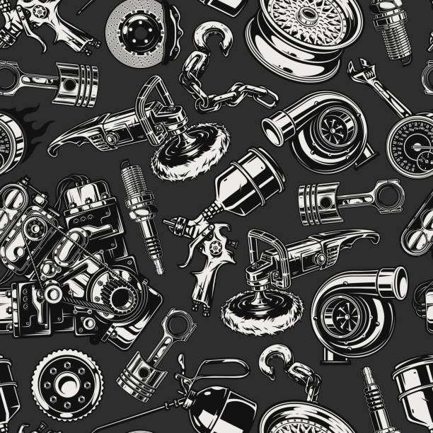 Car repair service vintage seamless pattern Car repair service vintage seamless pattern with auto parts and tools in monochrome style vector illustration vintage speedometer stock illustrations