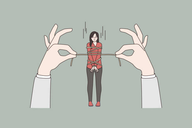 illustrations, cliparts, dessins animés et icônes de femme stressée attachée avec une corde par d’énormes mains - pris au piège