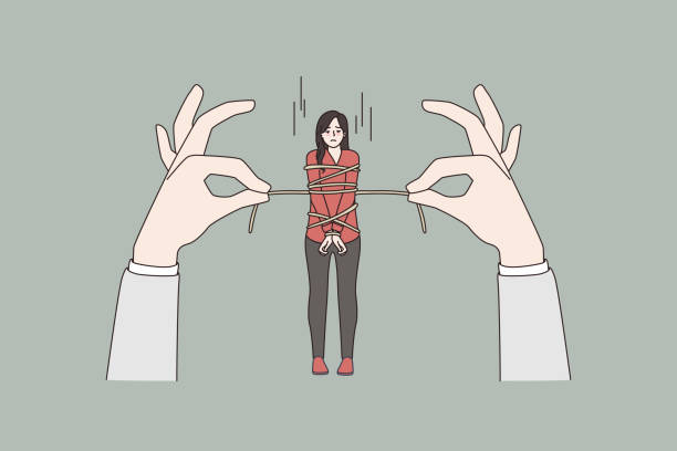 Stressed woman tied with rope by huge hands Stressed woman tied with rope by huge hands. Distressed female victim businesswoman confident by obligation or bond. Financial burden, risk. Flat vector illustration, tiny people. trapped stock illustrations