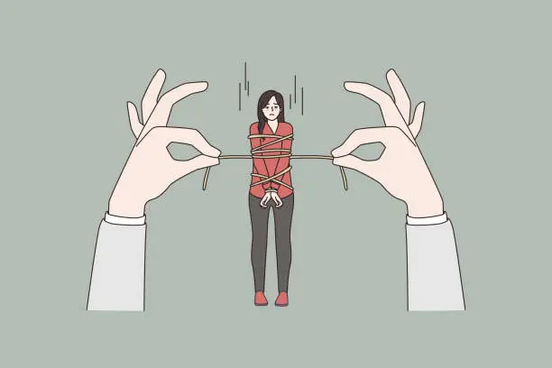 Vector illustration of Stressed woman tied with rope by huge hands