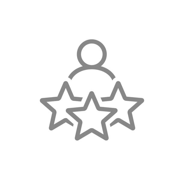 człowiek i trzy gwiazdki, ikona linii oceny. opinie użytkowników, opinie, dodawanie do ulubionych, symbol kontroli jakości - service member stock illustrations