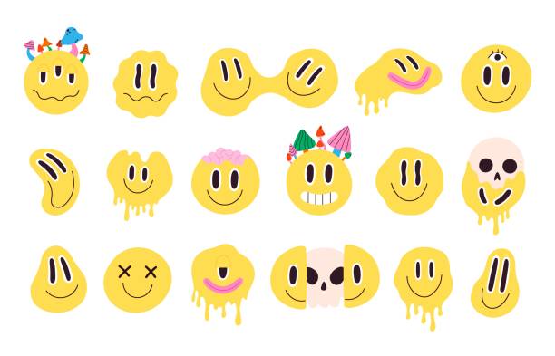 Retro melting crazy and dripping smiley face with mushrooms. Distorted graffiti emoji with skull. Hippie groovy smile character vector set Retro melting crazy and dripping smiley face with mushrooms. Distorted graffiti emoji with skull. Hippie groovy smile character vector set. Positive facial expressions with brain and skull melting brain stock illustrations