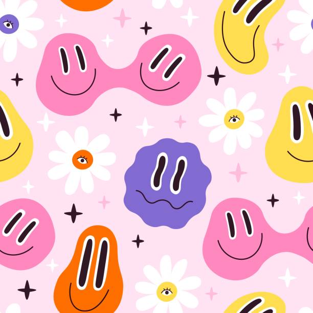 Melted smiley faces and flowers, trippy seamless pattern. Retro hippie psychedelic distorted emoji. Lava lamp smiley face vector wallpaper Melted smiley faces and flowers, trippy seamless pattern. Retro hippie psychedelic distorted emoji. Lava lamp smiley face vector wallpaper. Happy facial expression with chamomiles hallucinations anthropomorphic smiley face illustrations stock illustrations