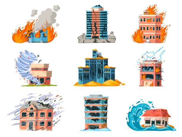 Natural disasters damage city building, earthquake, hurricane and fire. Home insurance for catastrophe, tornado or flood accident vector set Natural disasters damage city building, earthquake, hurricane and fire. Home insurance for catastrophe, tornado or flood accident vector set. Ruined broken houses in emergency situations property damage stock illustrations