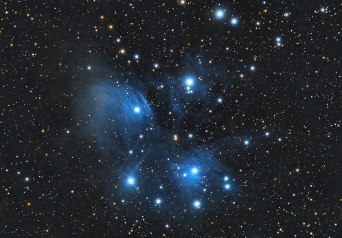 Backgrounds night sky with stars with 80 mm refracting telescope. The Pleiades, also known as The Seven Sisters and Messier 45, is an open star cluster containing the star   Sterope, Merope, Electra, Maia, Taygeta, Celaeno, and Alcyone. Is located in the north-west of the constellation Taurus.