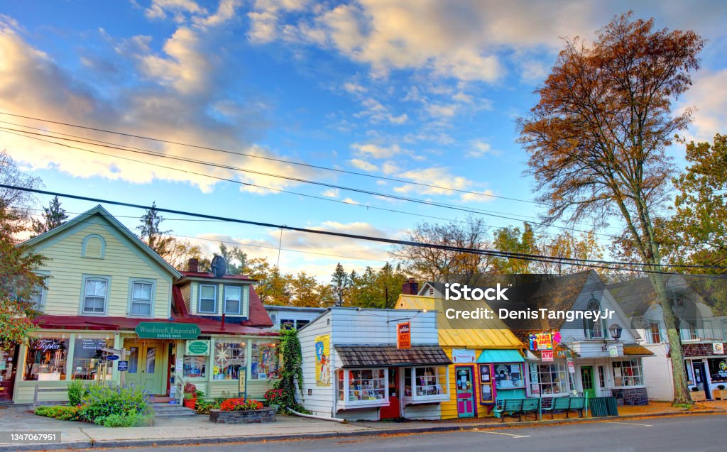 Woodstock, New York Woodstock is a town in Ulster County, New York. It lies within the borders of the Catskill Park. Small Town America Stock Photo