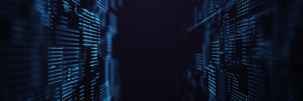 istock Digital background with moving glowing particles. Futuristic hi-tech illustration. Concept of data transfer in cyberspace. Big data visualization. 3d rendering. 1347068432
