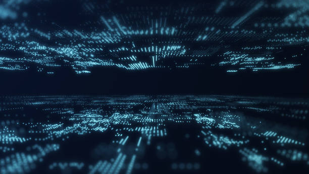 istock Digital background with moving glowing particles. Futuristic hi-tech illustration. Concept of data transfer in cyberspace. Big data visualization. 3d rendering. 1347068435