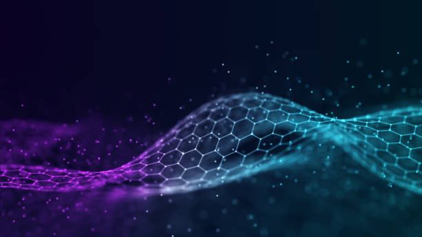 istock Abstract hexagon wave with moving dots. Flow of particles. Cyber technology illustration. 3d rendering 1347068511