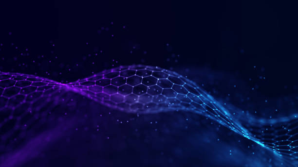 Abstract hexagon wave with moving dots. Flow of particles. Cyber technology illustration. 3d rendering