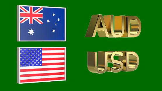 Gold plated AUD and USD symbols along with the flags of Australia and USA on a neutral green background. Finance concept. Rendering 3D. Isolated