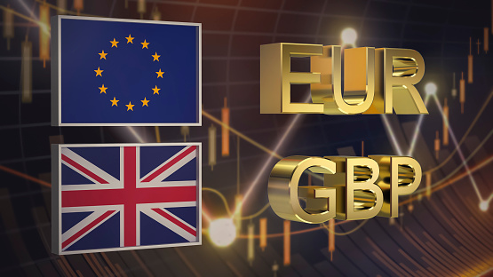 Gold plated EUR and GBP symbols along with the flags of EU and Great Britain on the background of the price chart. 3D rendering. Finance concept. Collage