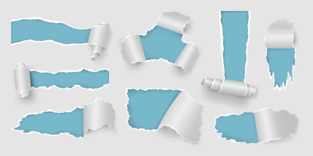 Realistic page with rip and torn holes and paper roll. White ripped sheet frames for sale poster. Teared and ragged paper pieces vector set Realistic page with rip and torn holes and paper roll. White ripped sheet frames for sale poster. Teared and ragged paper pieces vector set. Folded or rolled fragments, gaps destruction teared stock illustrations